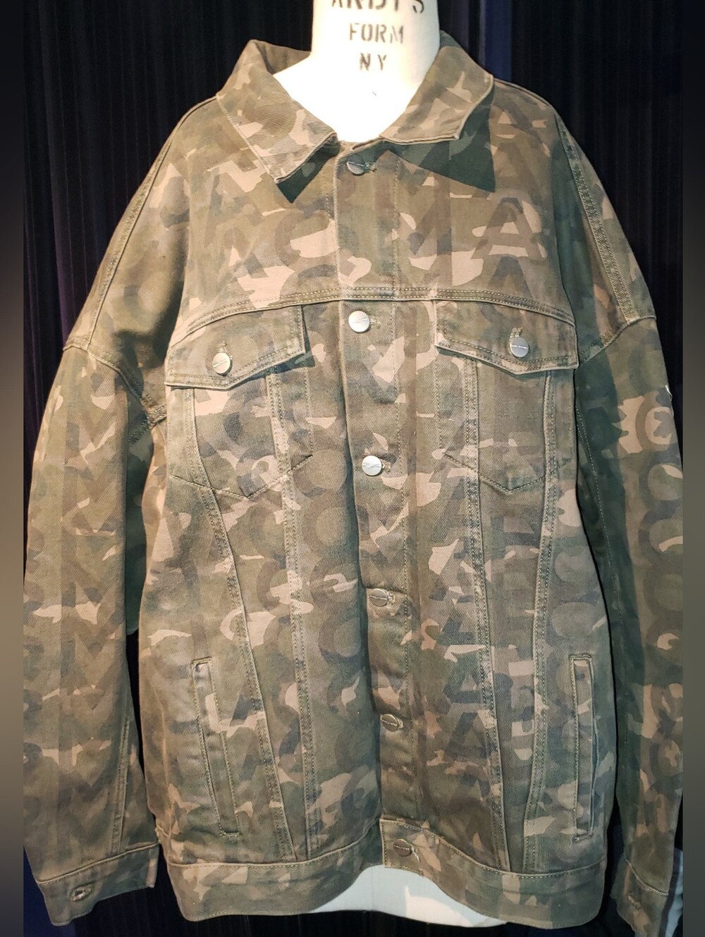 NWT Military Army Green Monogram Graphic 100% Cotton Thick Oversize Denim Jacket